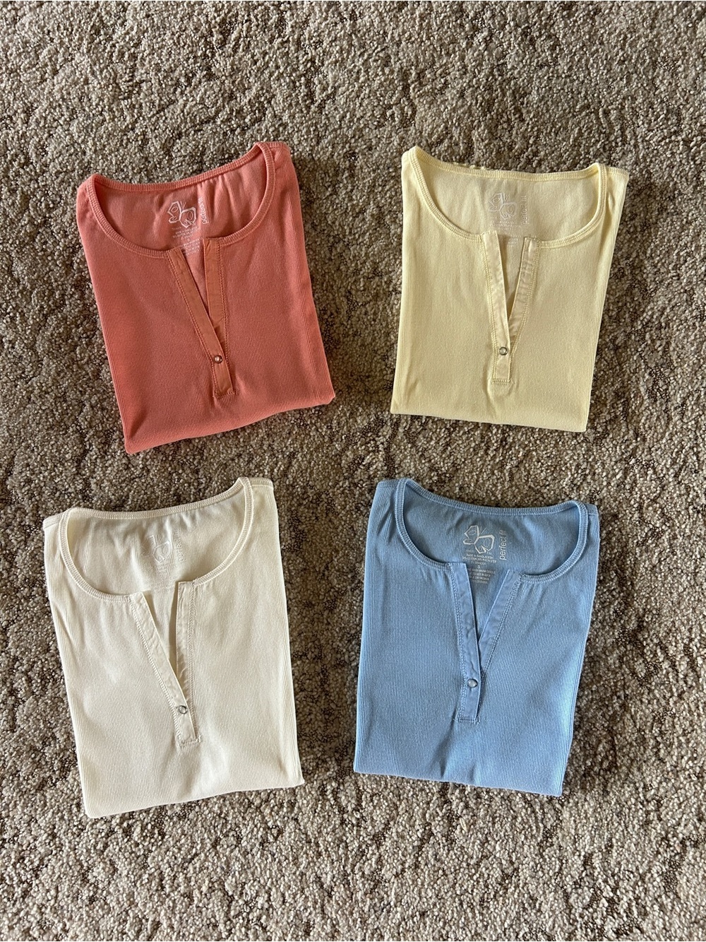 Women's 4-Pack Short-Sleeve Henley Tees - Coral, Lemon, Cream & Light Blue. S